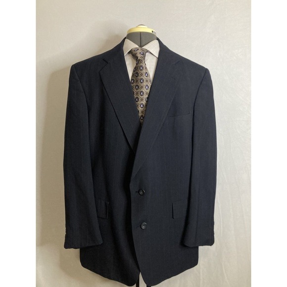 Mens Suit Jacket Blazer Sport Coat 46R 50" Navy Blue Stripe Wool USA Austin Reed - Picture 2 of 12